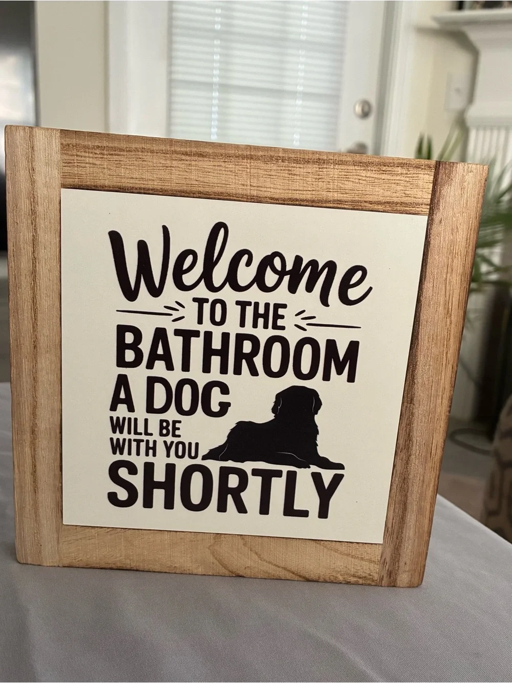Welcome to the Bathroom Wall Sign - Black on Natural Wood